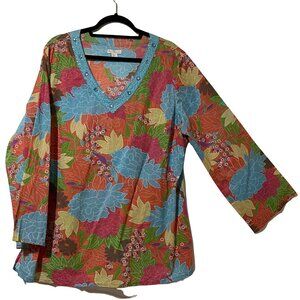 Khakis & Co Womens Floral Tunic Top XL Multicolor V-Neck Beaded Accent